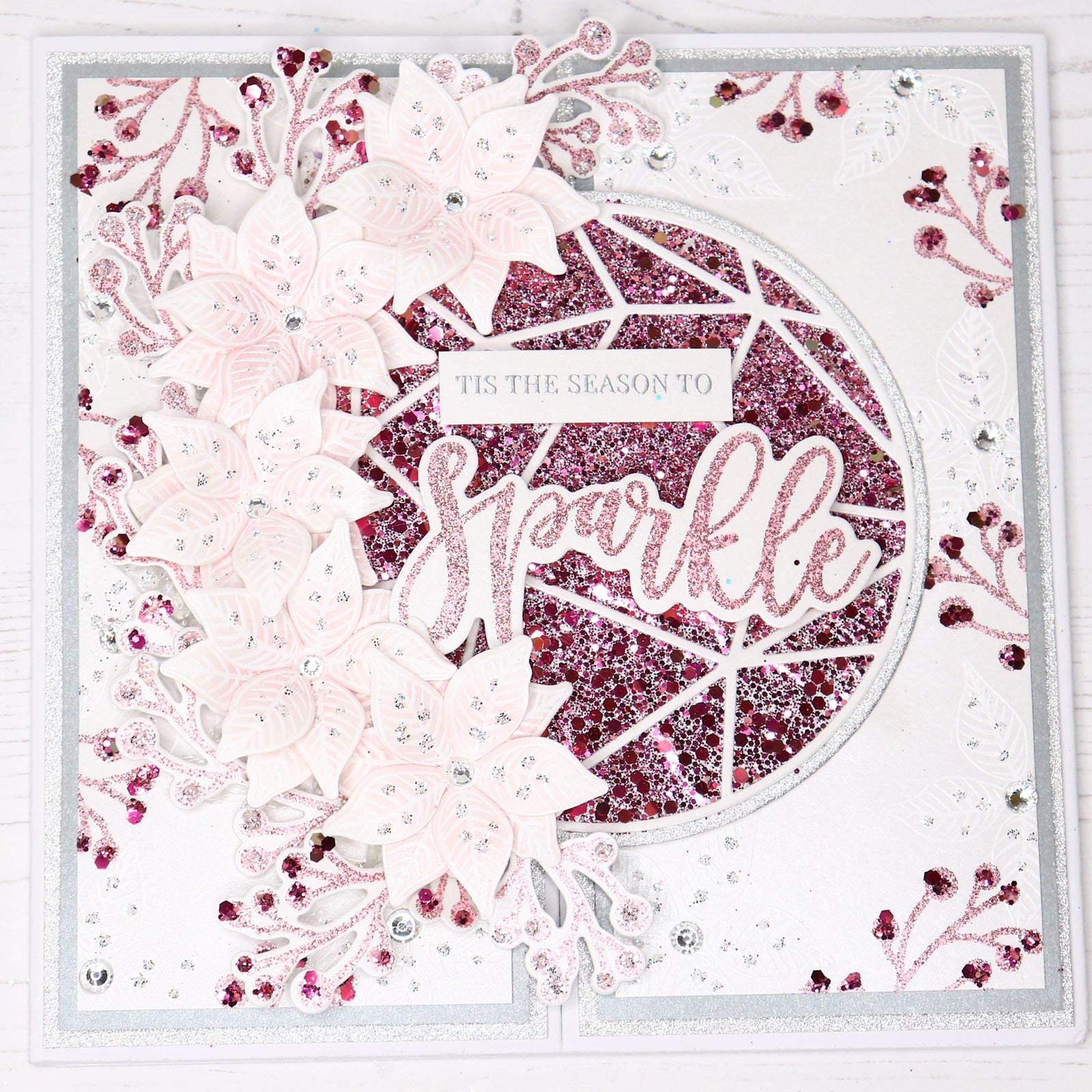 Pink Poinsettia Sparkle Gatefold Christmas Card by Rebecca Houghton