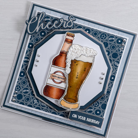 Create a beautiful blue and silver male birthday card using our new celebration sentiment builder and birthday beer stamp element.