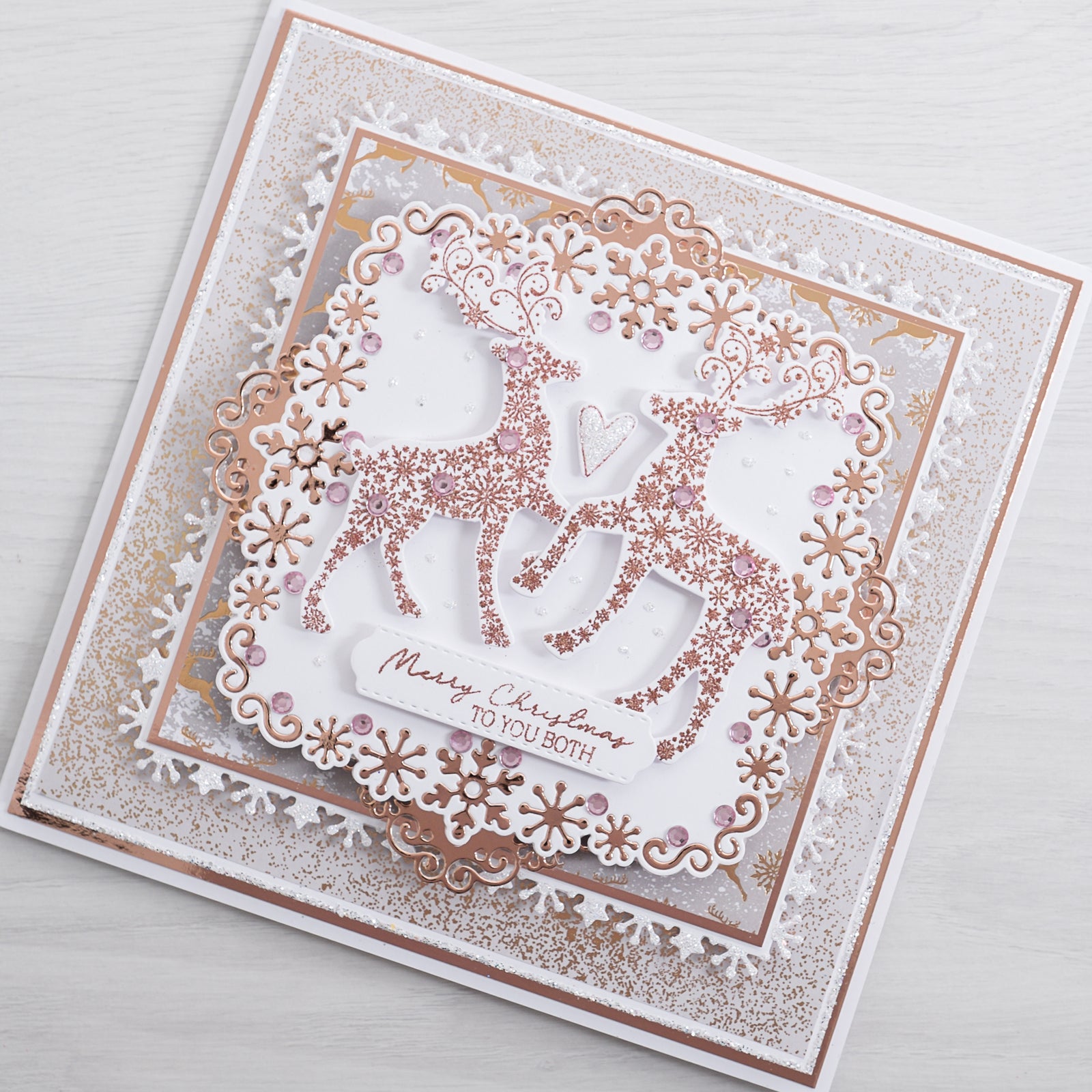 Create this glittering festive Rose Gold Reindeer Christmas Card with this quick and easy step-by-step tutorial from Chloes Creative Cards.