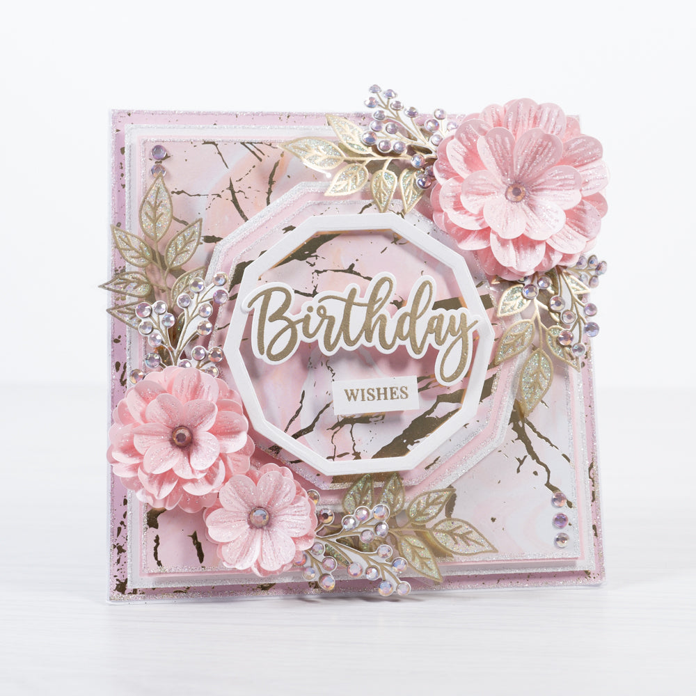 Learn how to make a fancy pink and gold 3D flower card at home following Chloes Creative Cards step-by-step tutorials.  Join our LIVE stamp-a-long tutorials to make beautiful cards at home featuring products from our new Sugared Collection.
