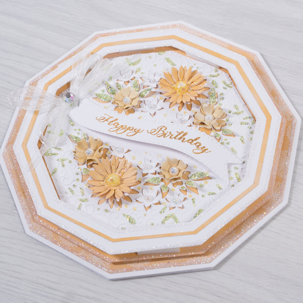 Yellow Daisy Floral Card using Paper stamped 3D flowers.  Learn how to make cards at home with this tutorial from Creative Cards. Follow this step-by-step workshop on making your own cards.(Card making tutorial).