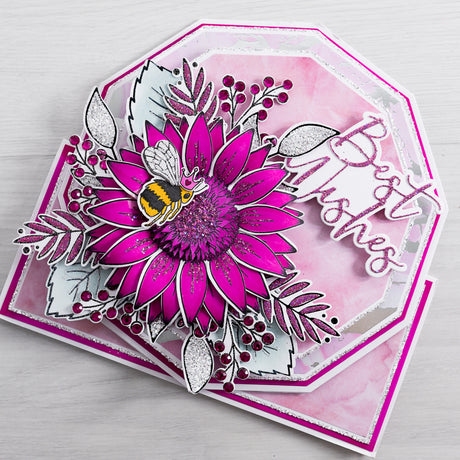 Learn how to create this neon pink and magenta coloured Best Wishes greetings card using our Queen Bee and Sunflower paper craft stamp and die sets from Chloes Creative Cards