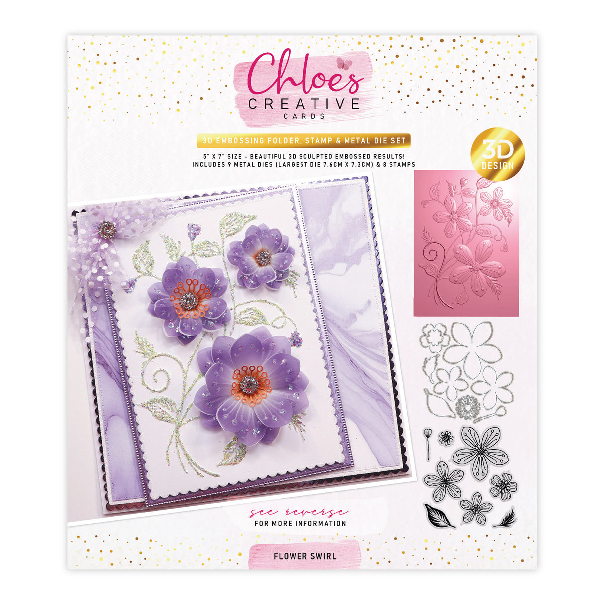 Chloe's Creative Cards 5x7 3D Embossing Folder, Stamp & Metal Die Set - Flower Swirl