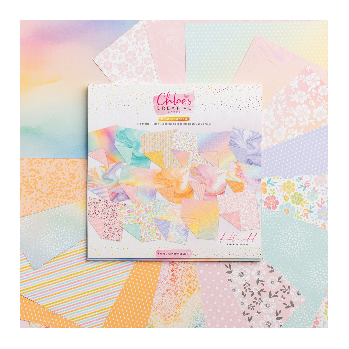 Chloe's Creative Cards Designer Printed Paper Pad (8x8) - Pastel Rainbow Delight